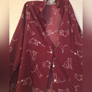 Women's Button-Down Shirt - Burgundy Cat Print